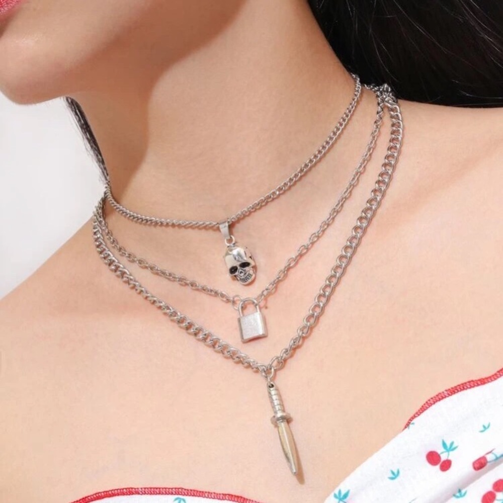 💀 Awesome Skeleton Skull, Dagger, and Lock Layer Necklace 💀